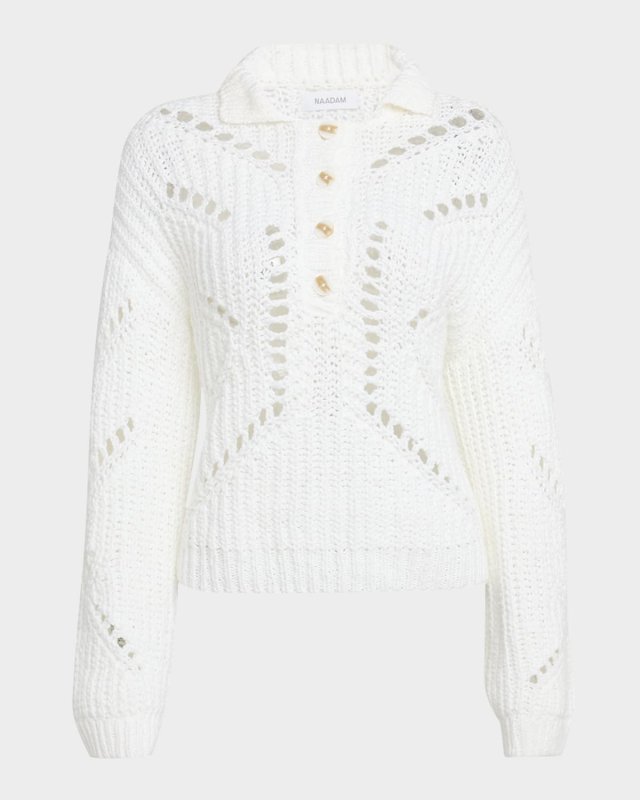 Ribbed Open-Stitch Quarter Button Sweater